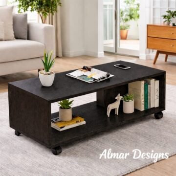 Anna Coffee Table 100×50×45cm – Modern Wooden Center Table with Wheels & Bookcase Storage