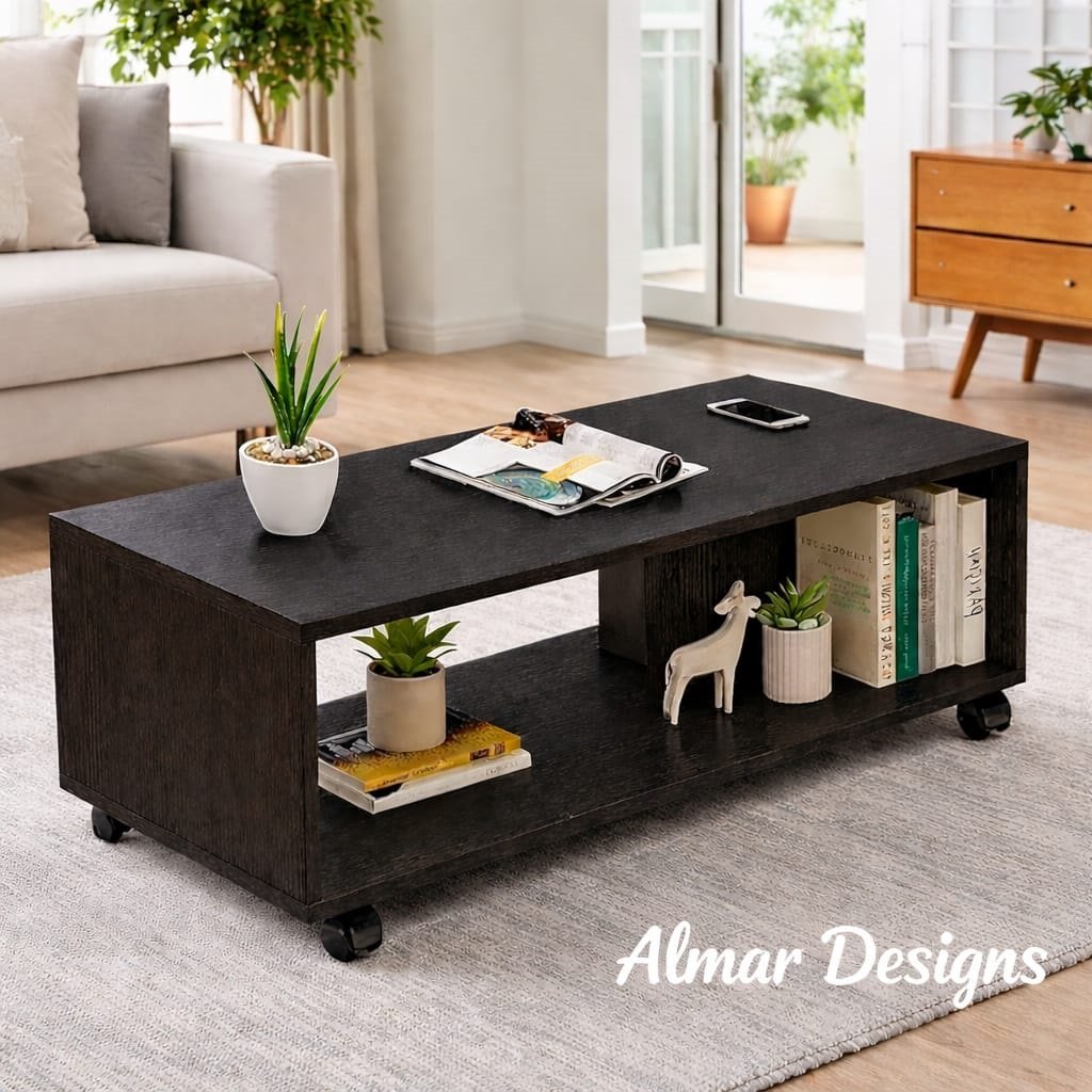 Annabella Coffee Table 100×50×45cm – Modern Wooden Center Table with Wheels & Bookcase Storage 1 Anna Coffee Table 100×50×45cm – Modern Wooden Center Table with Wheels & Bookcase Storage