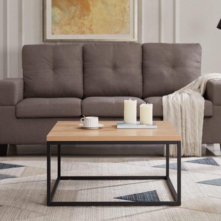 Wendo Square Coffee Table 60x60cm – Black Metallic Stand with Oak MDF Top