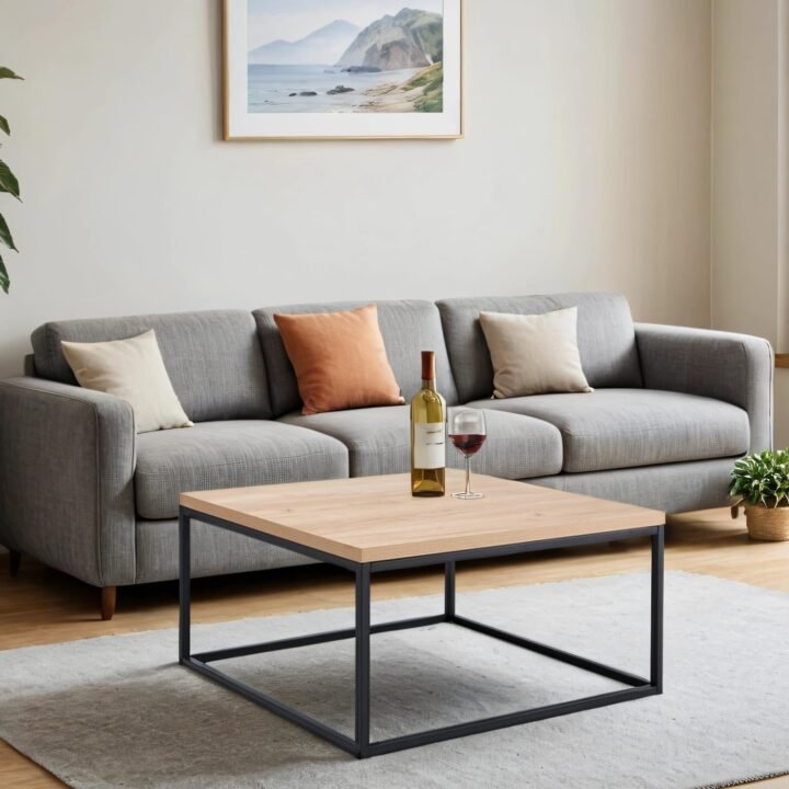 Wendo Square Coffee Table 60x60cm – Black Metallic Stand with Oak MDF Top