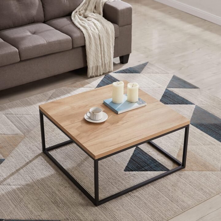 Wendo Square Coffee Table 60x60cm – Black Metallic Stand with Oak MDF Top