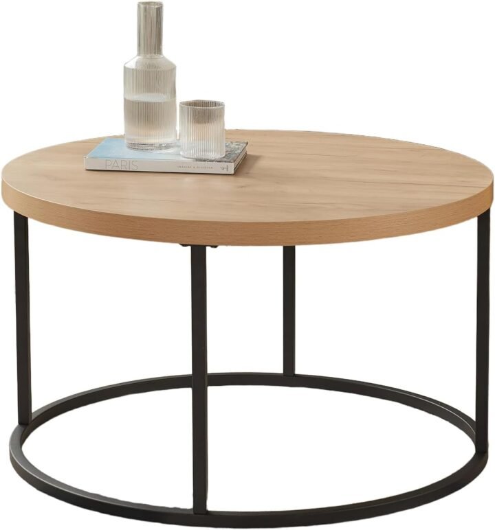 Nobel Round Coffee Table 60x60x45cm – Black Metallic Stand with Oak MDF Top