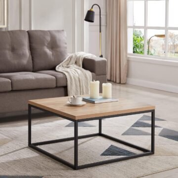 Wendo Square Coffee Table 60x60cm – Black Metallic Stand with Oak MDF Top