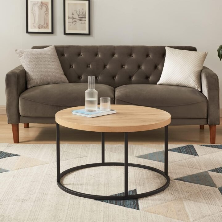 Nobel Round Coffee Table 60x60x45cm – Black Metallic Stand with Oak MDF Top