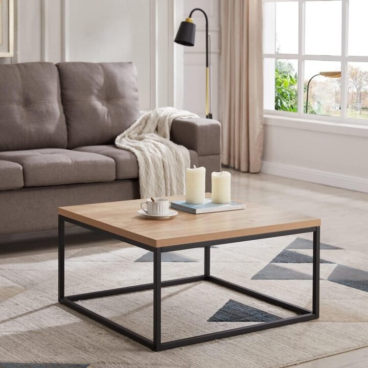 Wendo Square Coffee Table 60x60cm – Black Metallic Stand with Oak MDF Top