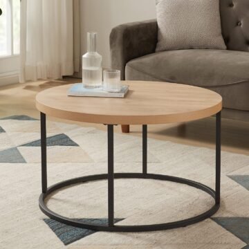 Nobel Round Coffee Table 60x60x45cm – Black Metallic Stand with Oak MDF Top