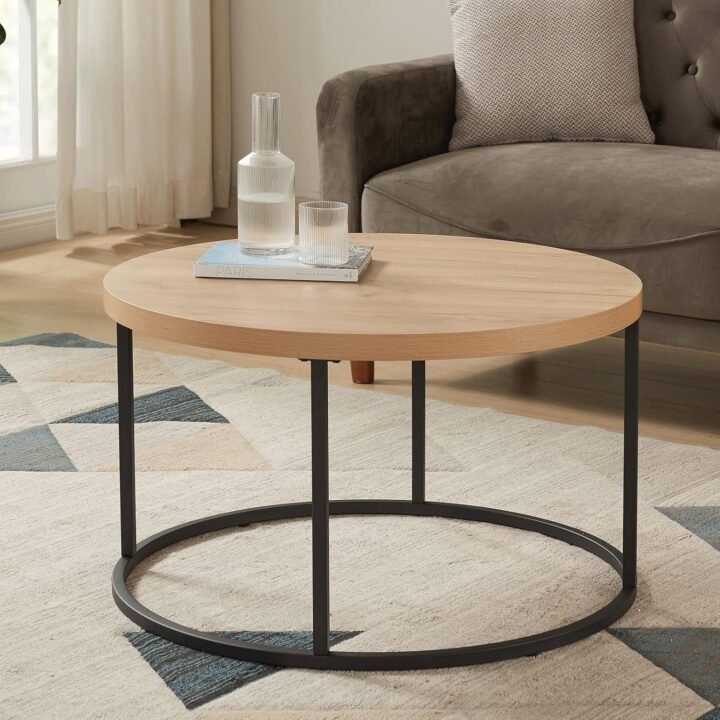 Nobel Round Coffee Table 60x60x45cm – Black Metallic Stand with Oak MDF Top