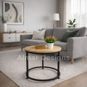 Nobel Round Coffee Table 60 diameter x45 height cm – Black Metallic Stand with Oak MDF Top