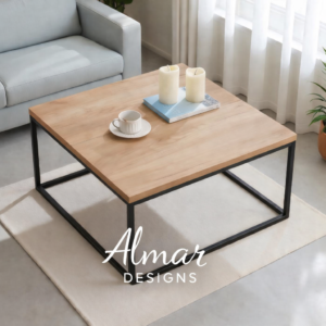 Wendo Square Coffee Table 60x60cm – Black Metallic Stand with Oak MDF Top