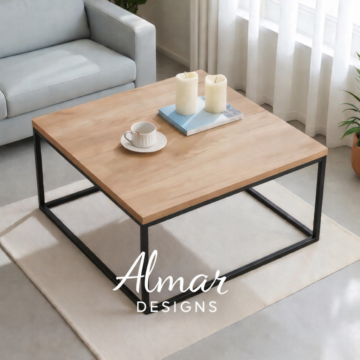 Wendo Square Coffee Table 60x60cm – Black Metallic Stand with Oak MDF Top