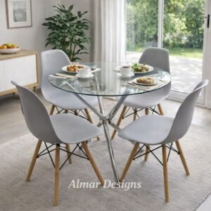 Round Glass Dining Set for Four – Tempered Glass Table with Eames Chairs