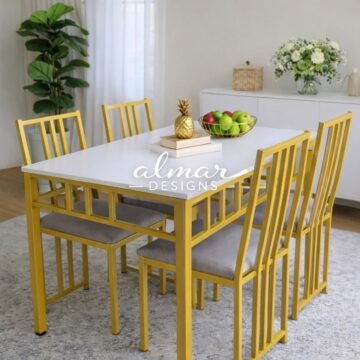 Home 9 Lex 4 Seater Dining Table Set Gold metallic stands , and white table top