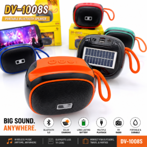 DV-1008S Portable Bluetooth Speaker with Solar Charging, Bluetooth 5.3, FM Radio, USB/TF Card, Type-C Fast Charging & Long Battery Life – Wireless Outdoor Speaker