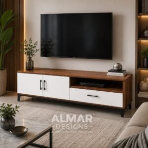 Monaco Modern TV Stand in Brown Walnut and White – 4ft, 5ft & 6ft TV Cabinet with Storage | Almar Designs