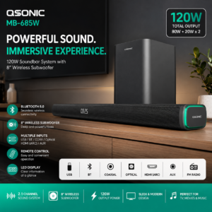 QSONIC Soundbar with 8″ Wireless Subwoofer  MB-685W 120W  – Bluetooth, HDMI ARC and Optical