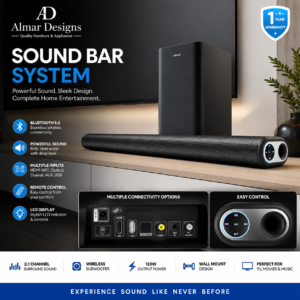 QSONIC Soundbar with Wired 8″ Subwoofer  MB-886 120W  – Bluetooth, HDMI ARC & Optical