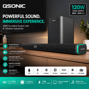 QSONIC/MKV Sound Bar System with 8″ Wireless Subwoofer Bluetooth, HDMI ARC and Optical